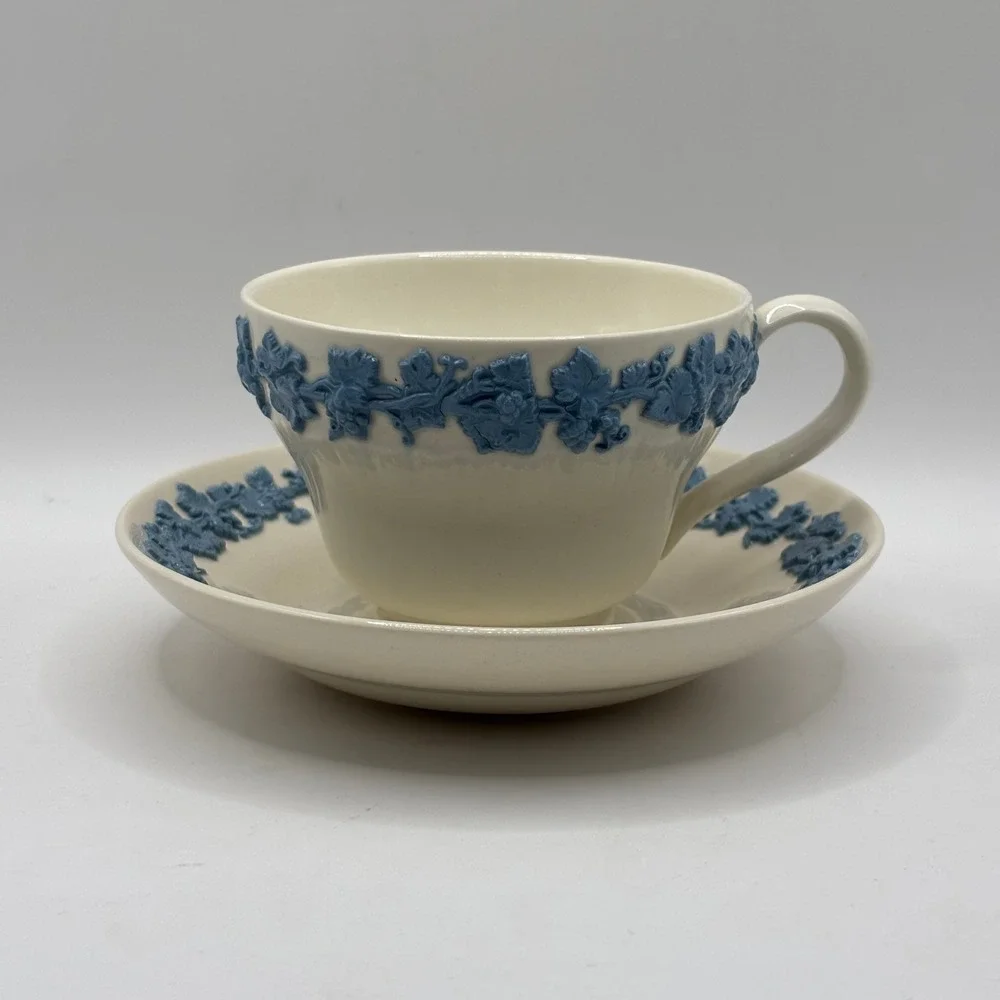 Wedgwood Embossed Queens‎ Ware Tea Cup and Saucer Lavender Blue on Cream England